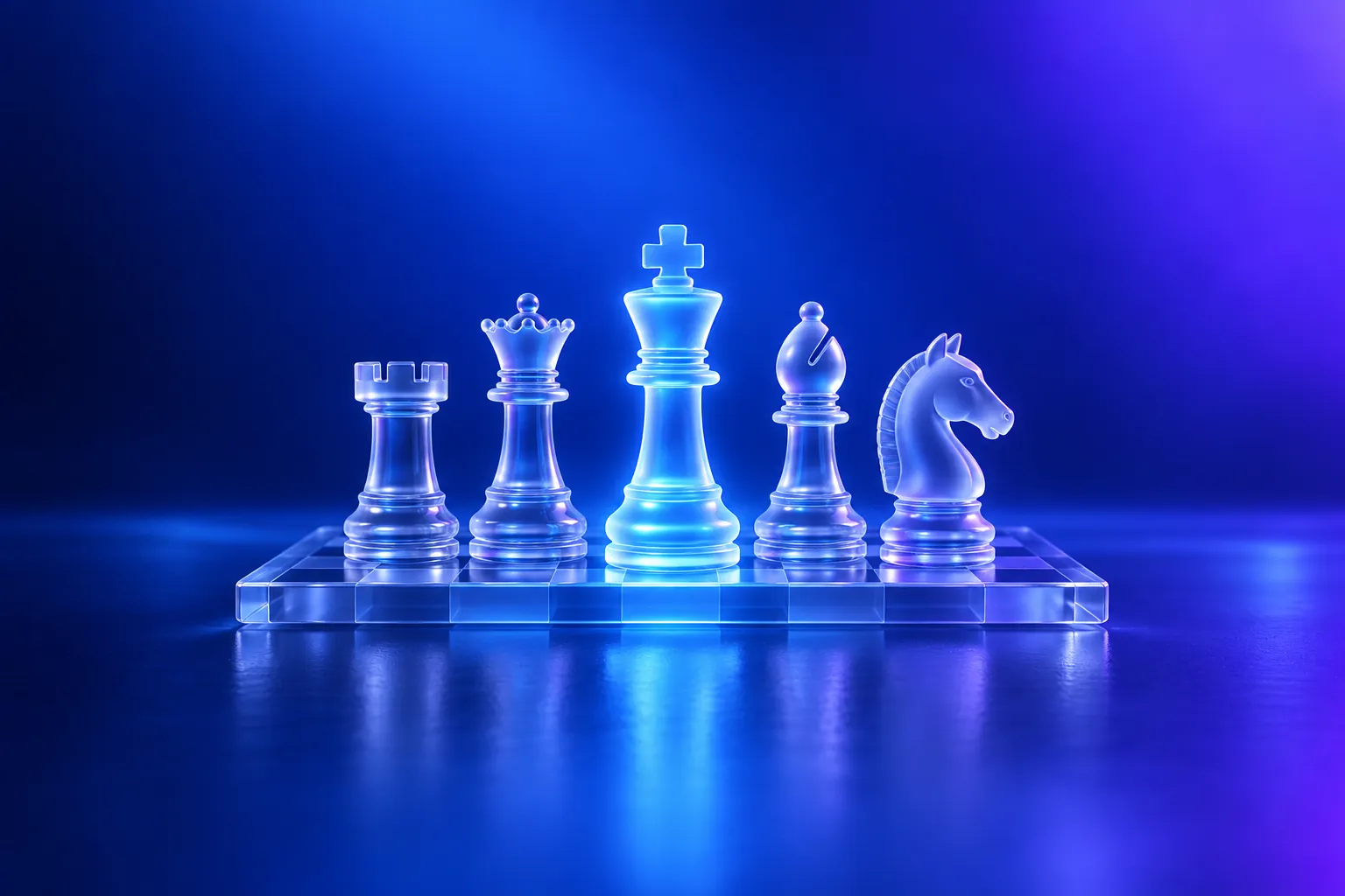 Glass chess pieces on a glass board, one of them lit