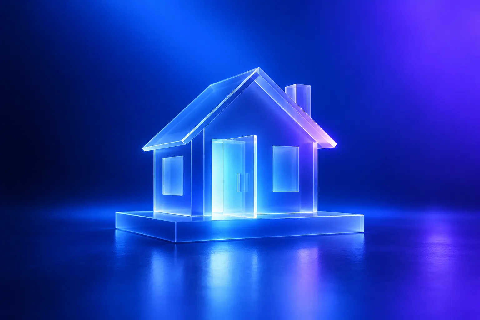 Casa de vidro com a porta de entrada acesa em azul