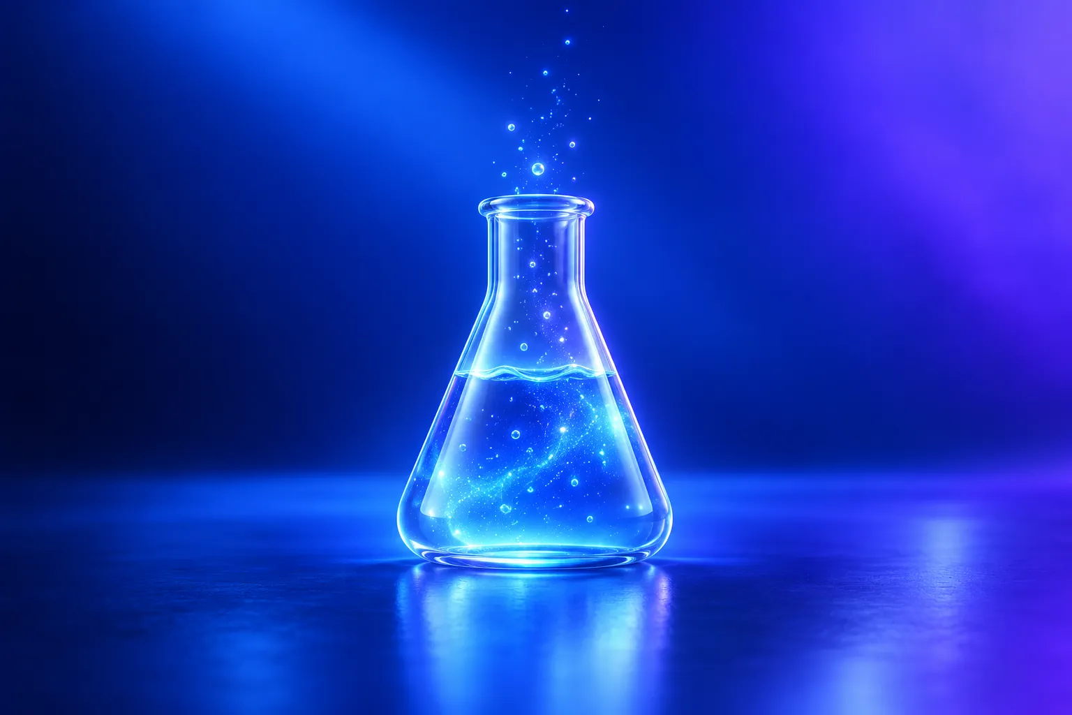 A glass lab flask of glowing liquid with particles rising