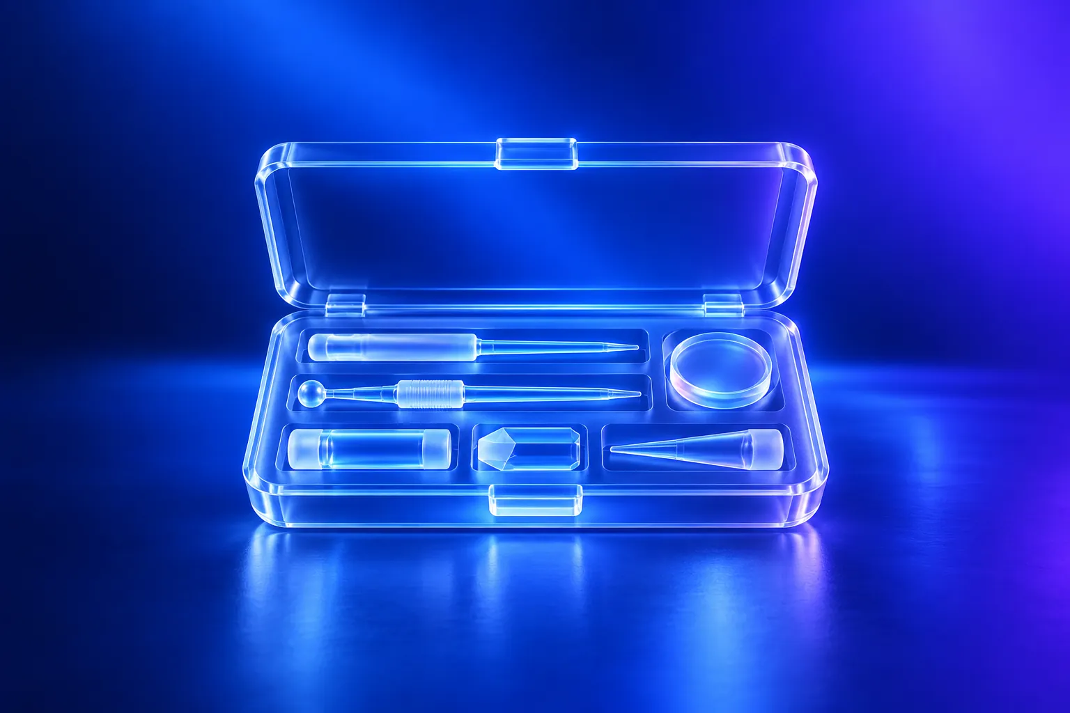 An open glass case of neatly arranged glass instruments