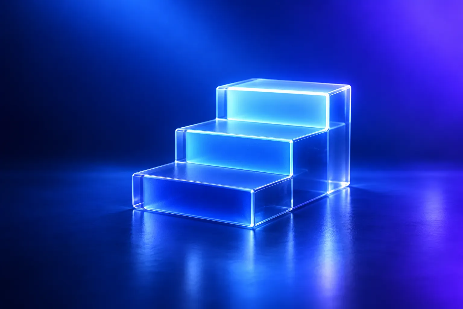 Three glass steps, each lit brighter than the last