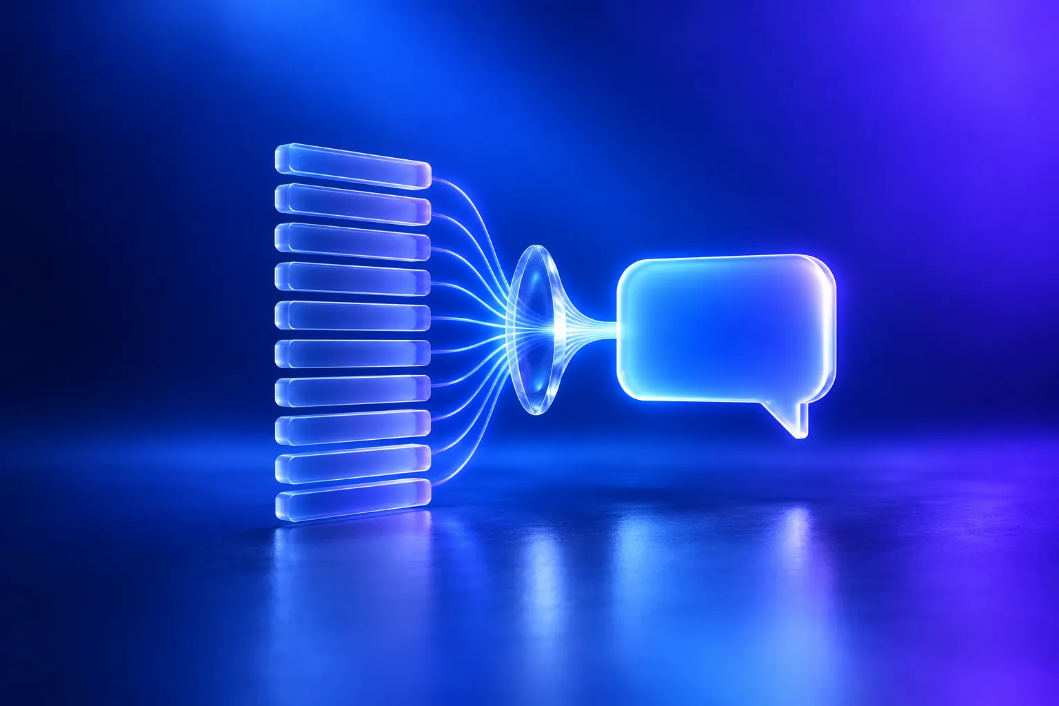 A stack of glass bars converging through a lens into one speech bubble